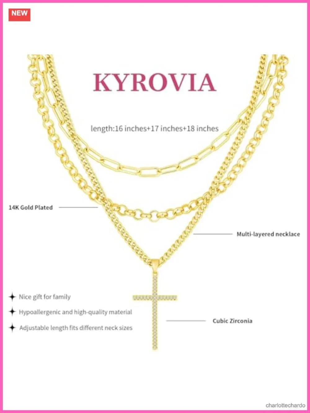 14K Gold Plated Layered Cross Pendant Necklace Set 3 Pc Paperclip Cuban Link